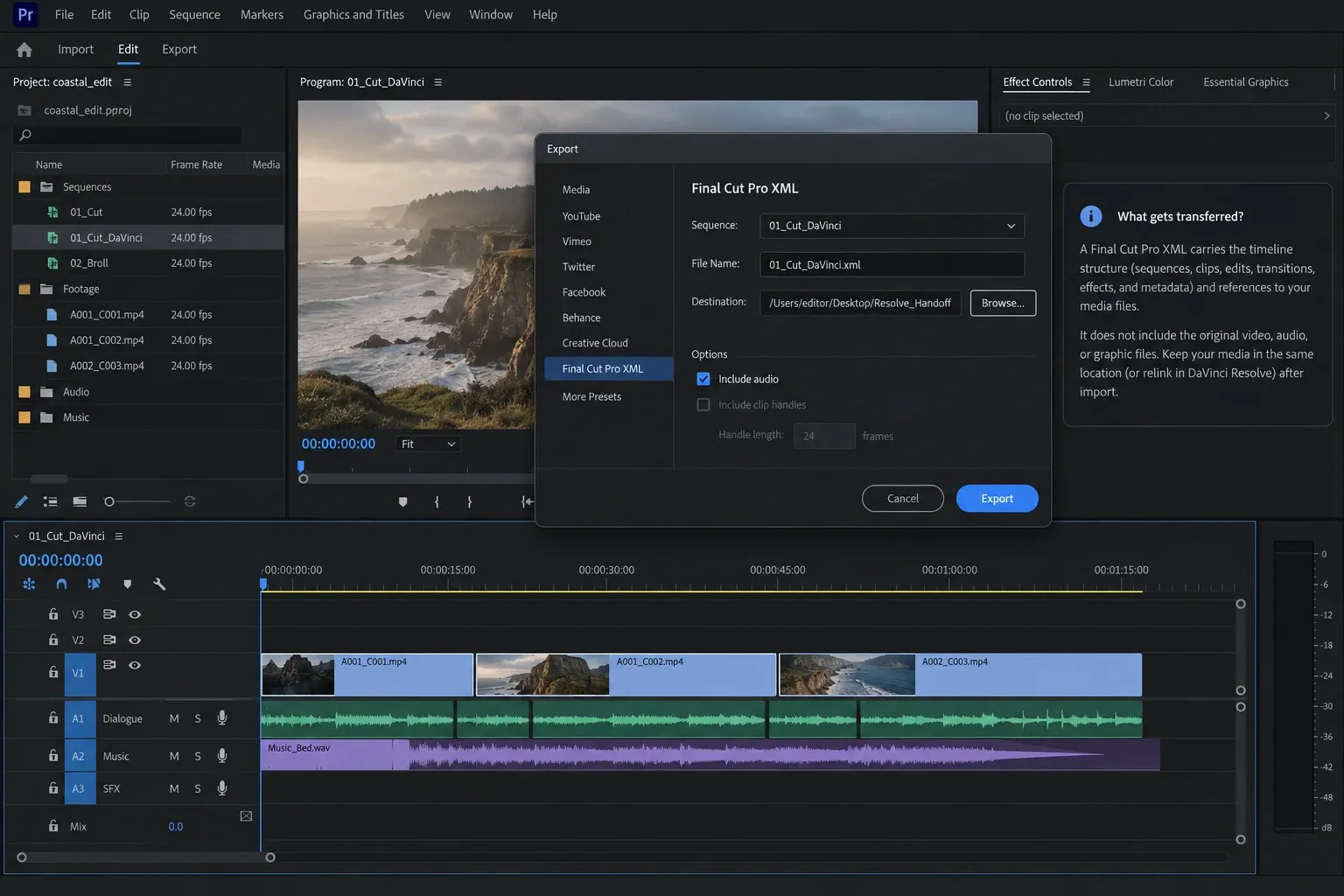 Premiere Pro export window with an XML sequence selected and a comparison movie beside the timeline