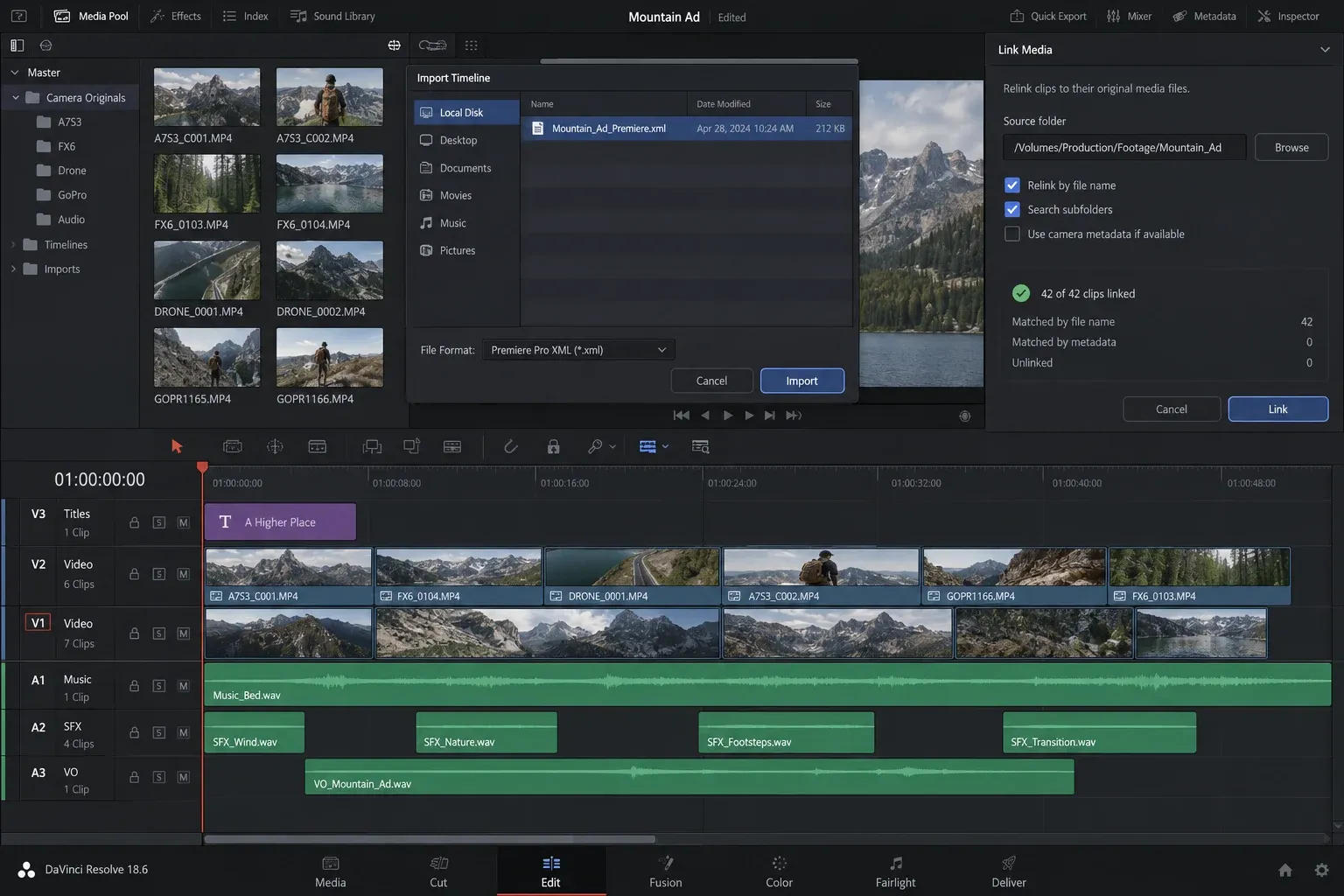 Resolve XML import and relink workflow with the imported timeline and matching source media visible