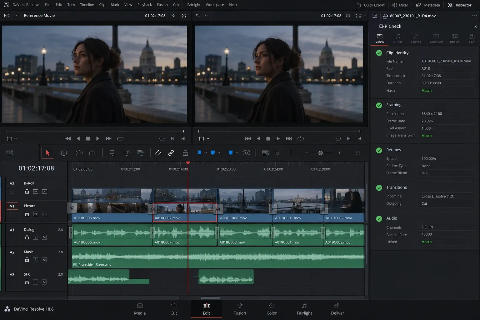 Resolve timeline conform check with clip identity, framing, retime and transition details inspected shot by shot