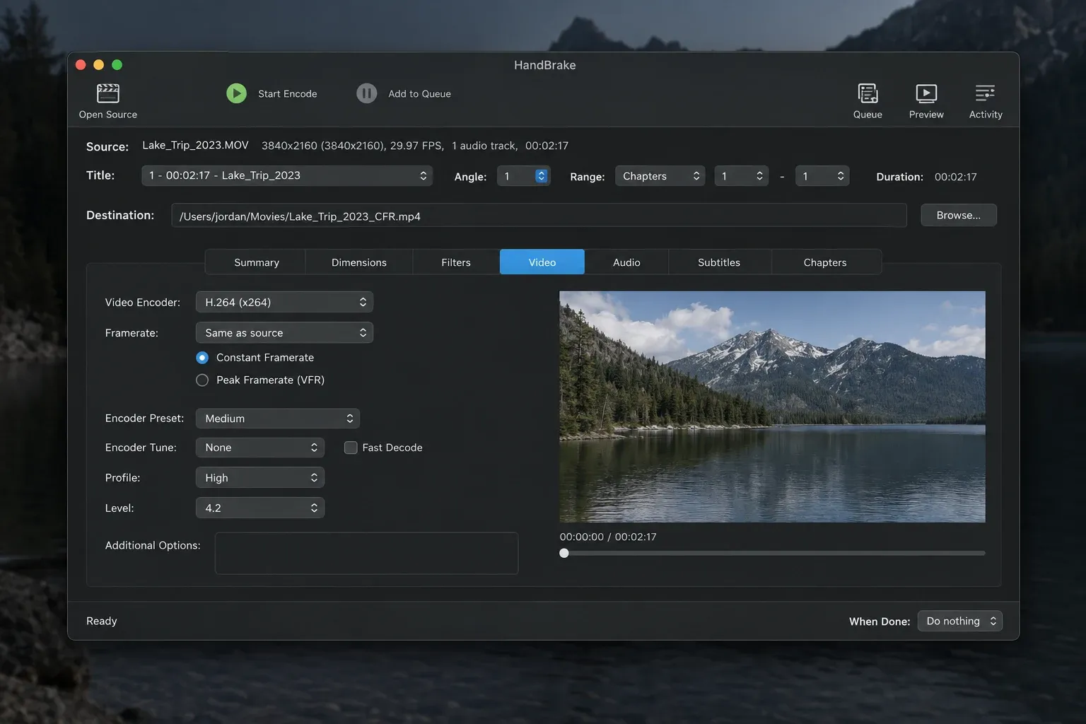 HandBrake video settings with Constant Framerate selected for a sample conversion