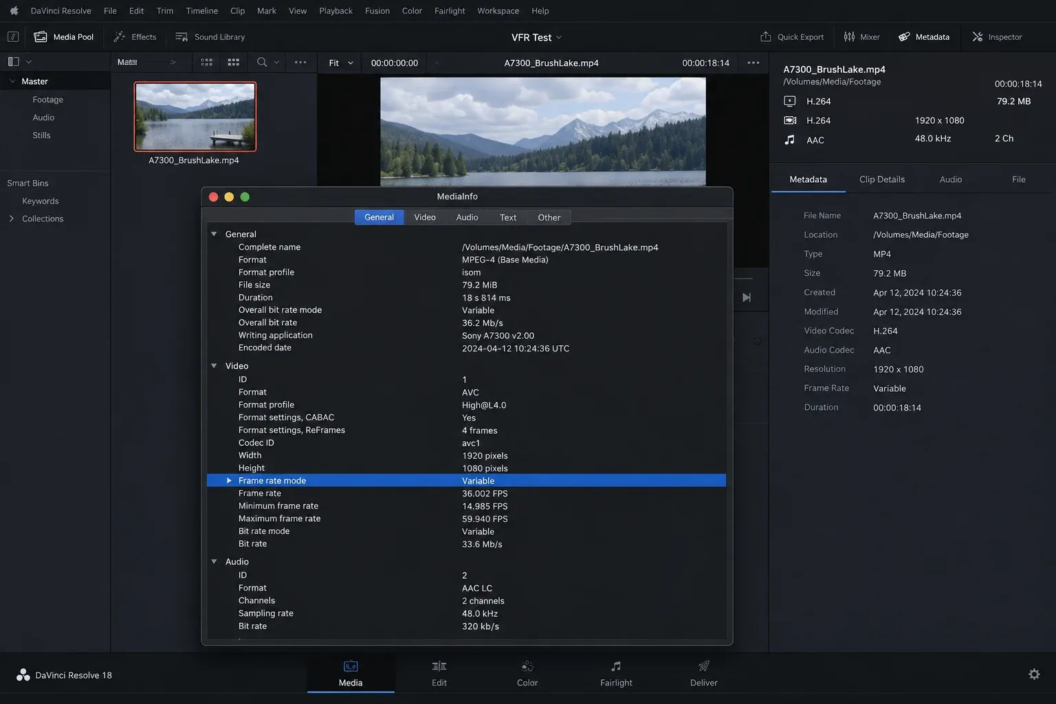 MediaInfo report showing Variable frame rate for a source video beside the Resolve Media Pool