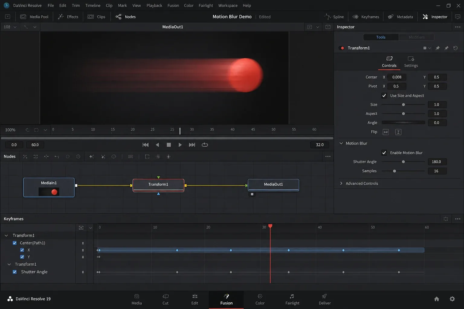 Fusion node graph with an animated Transform node and motion blur enabled on the moving graphic