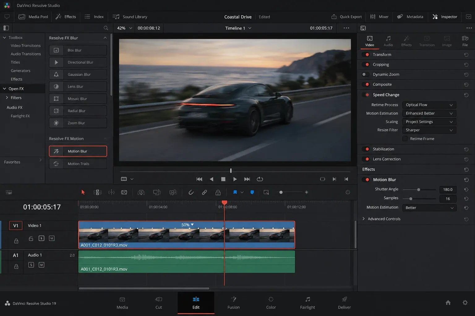 Resolve Studio retimed clip with Optical Flow and Motion Blur controls shown in the processing order