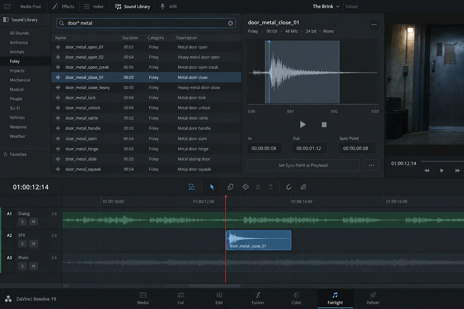 Sound Library search results with a selected waveform and In, Out and Sync Point controls