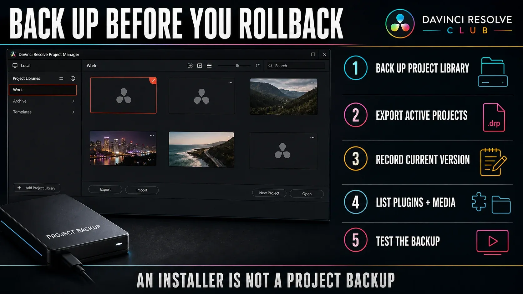 DaVinci Resolve Project Manager backup checklist before installing an older version