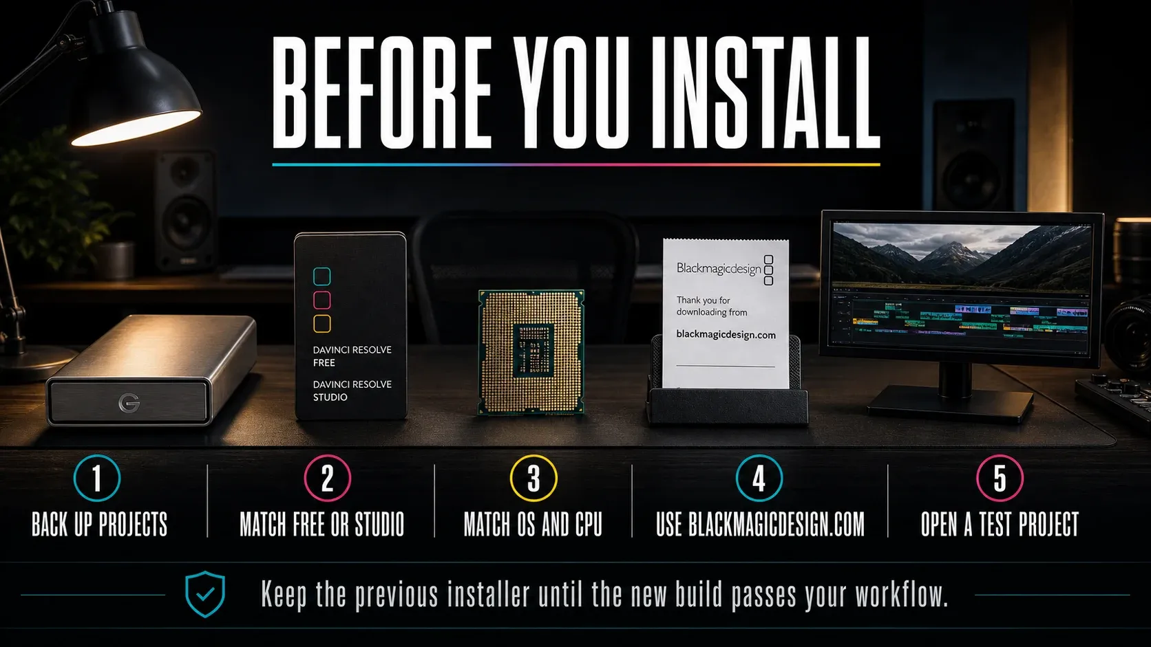Five checks before installing DaVinci Resolve: projects, edition, operating system, official source and test project