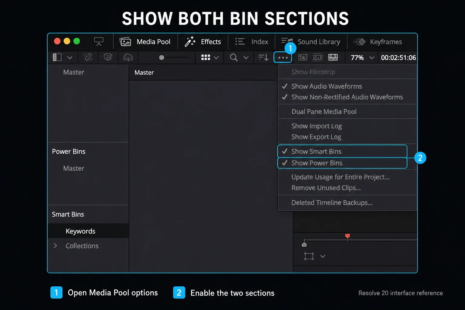 Resolve Media Pool menu with Show Smart Bins and Show Power Bins highlighted