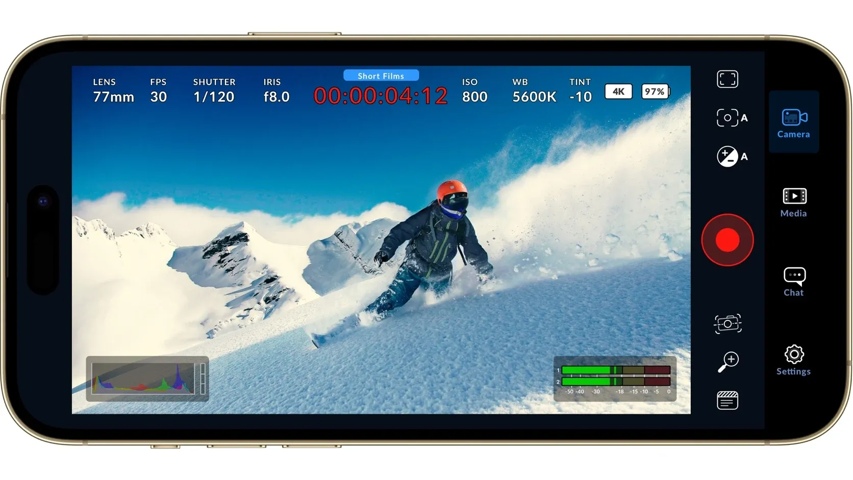 Official Blackmagic Camera recording interface on iPhone from the Apple App Store