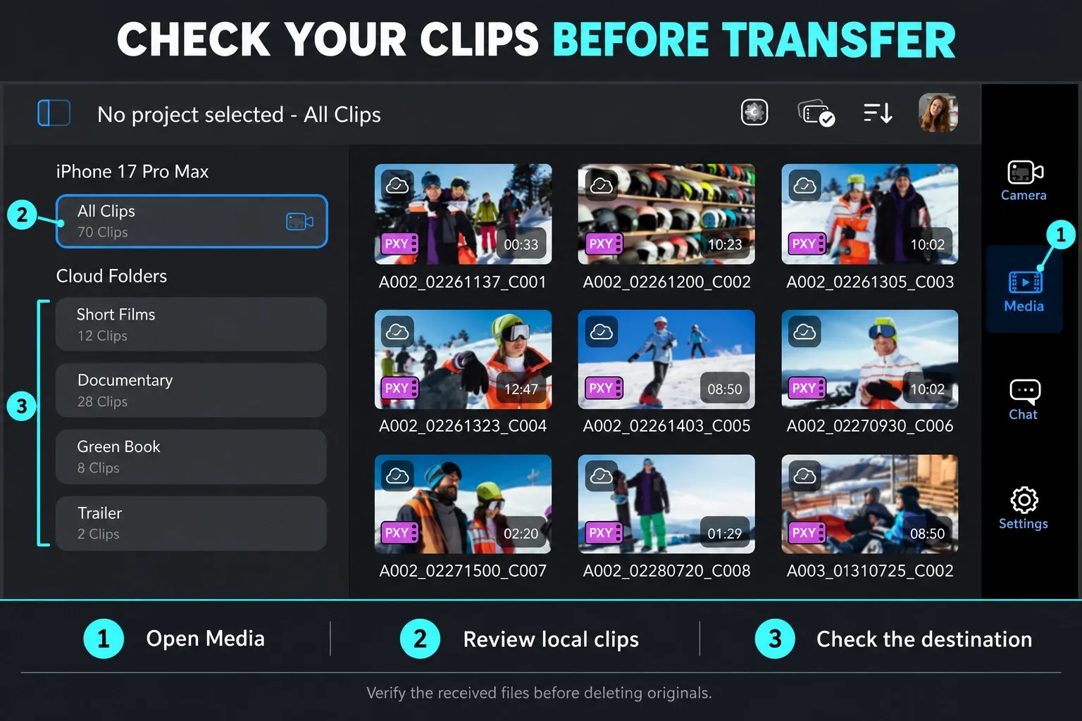 Blackmagic Camera Media view with numbered pointers to Media, All Clips and Cloud Folders