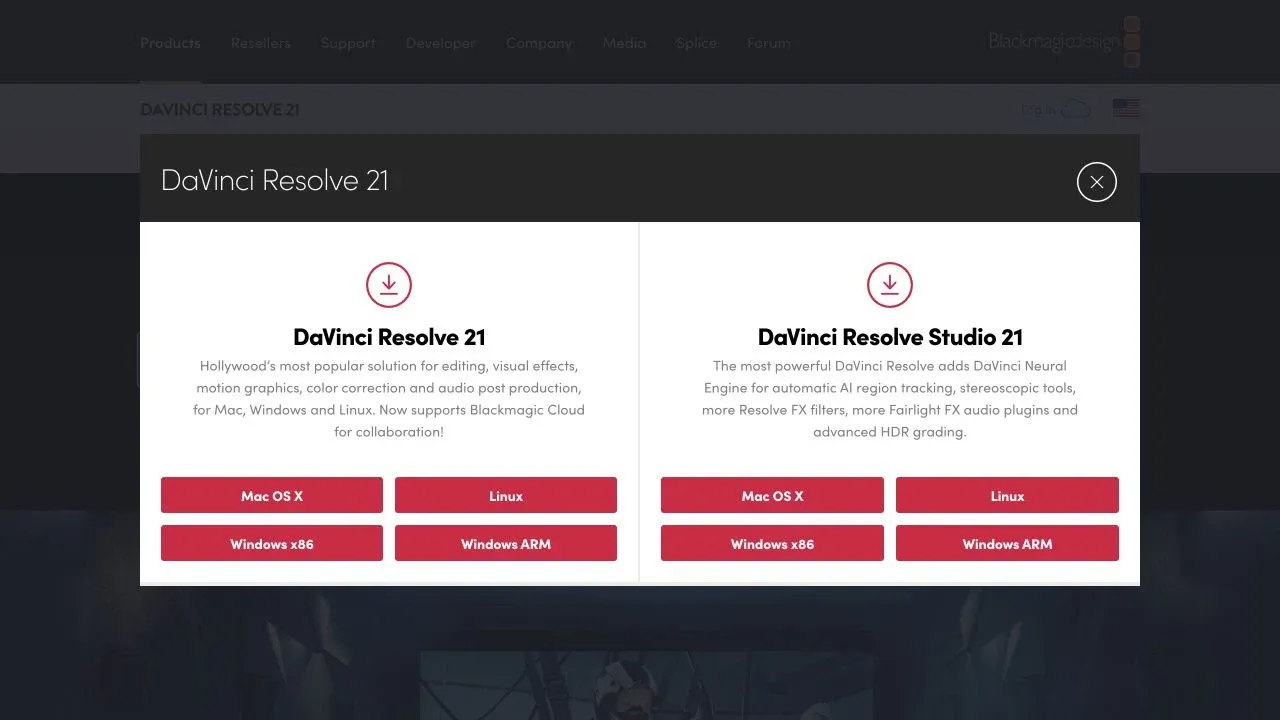 Official Blackmagic Design download picker with the DaVinci Resolve Linux option