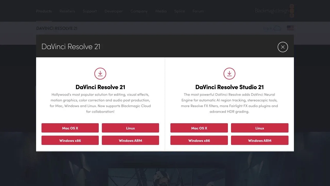 Official Blackmagic Design picker with Windows x86 and Windows ARM DaVinci Resolve downloads
