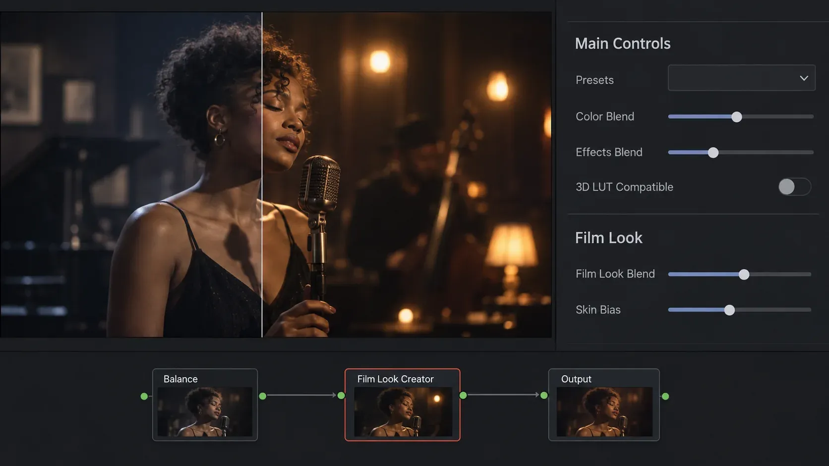 Film Look Creator panel showing Color Blend, Effects Blend and Film Look Blend beside a node chain