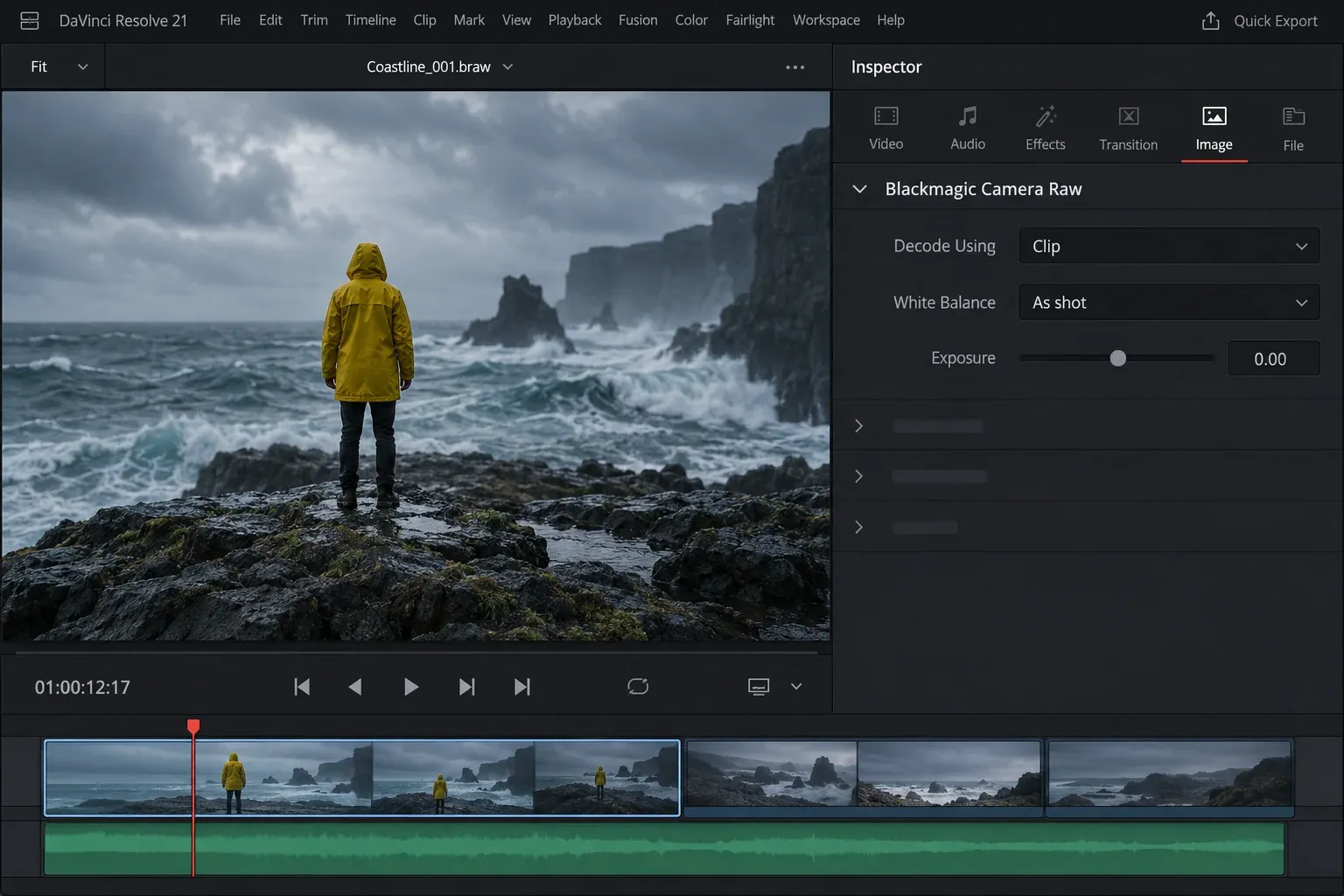 Image Inspector showing Blackmagic Camera Raw set to Clip, White Balance set to As shot and Exposure at 0.00