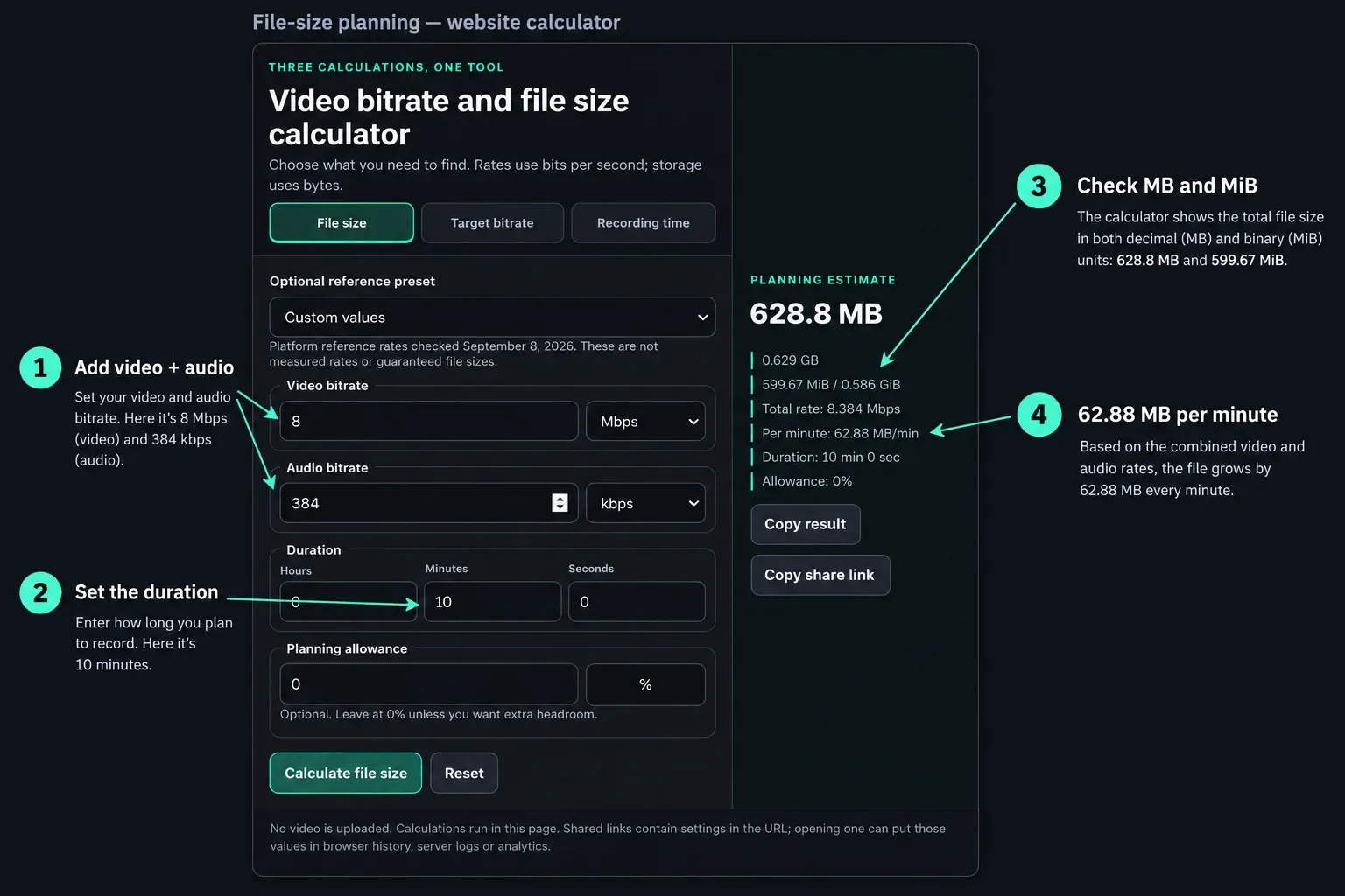 Video file-size calculator with video and audio rates, duration, MB and MiB results annotated