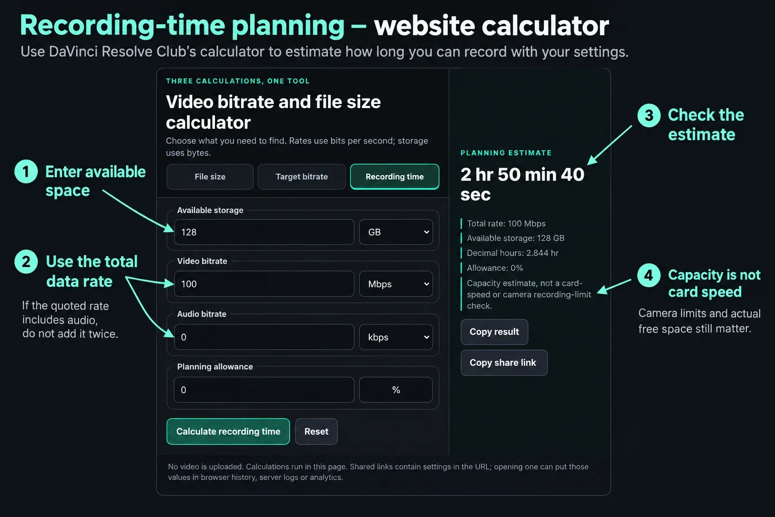 Recording-time calculator with 128 GB available storage and a 100 Mbps total rate annotated