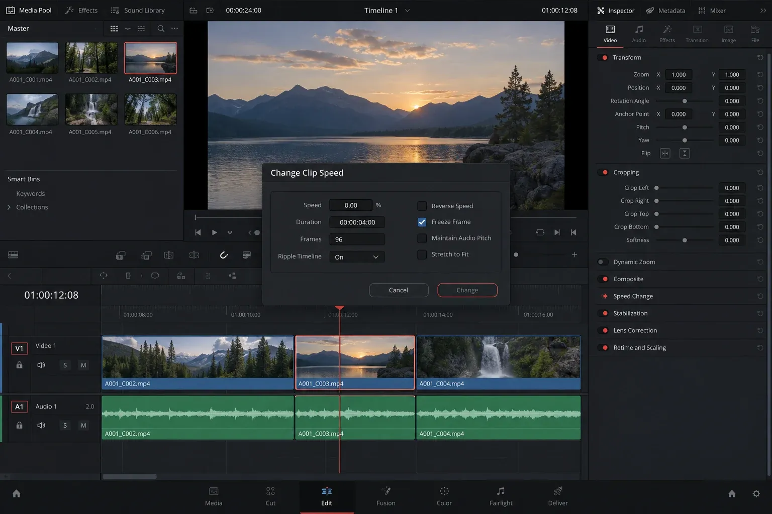 Interface showing Change Clip Speed with Freeze Frame selected for an isolated timeline segment