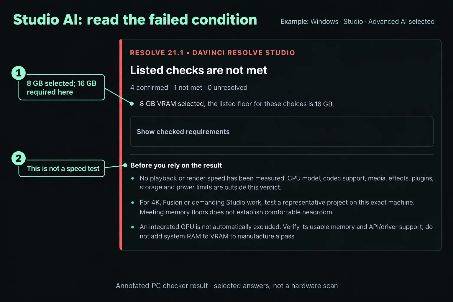 PC checker result comparing 8 GB selected VRAM with the 16 GB Studio advanced AI requirement