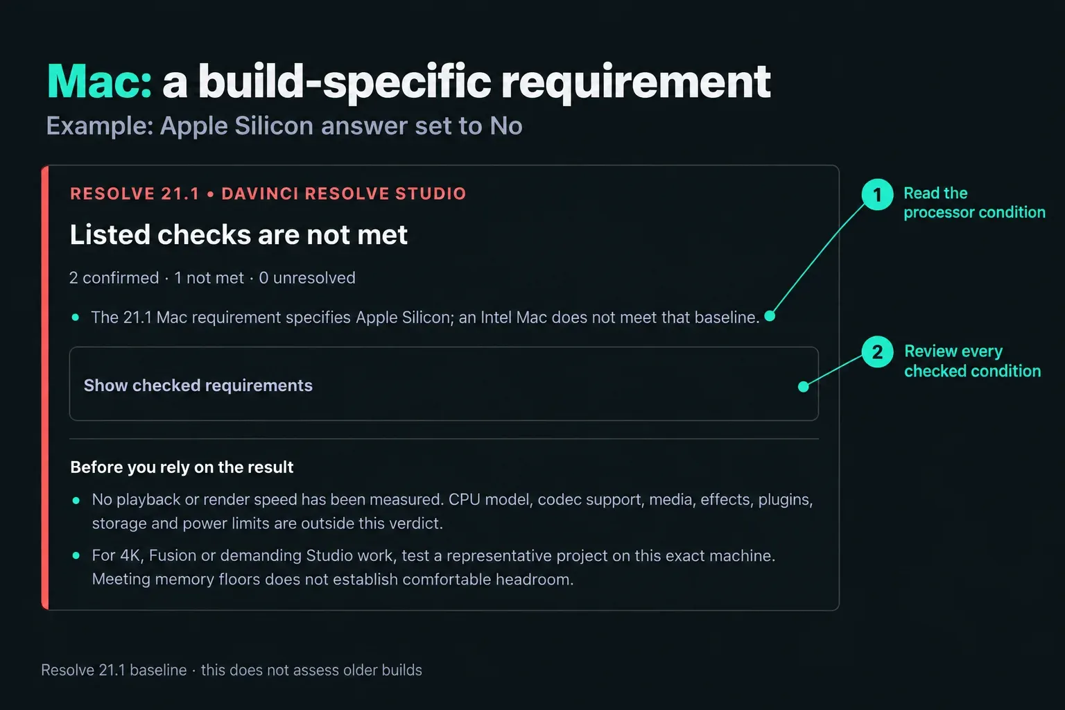 Resolve 21.1 PC checker explaining why an Intel Mac misses the Apple Silicon requirement