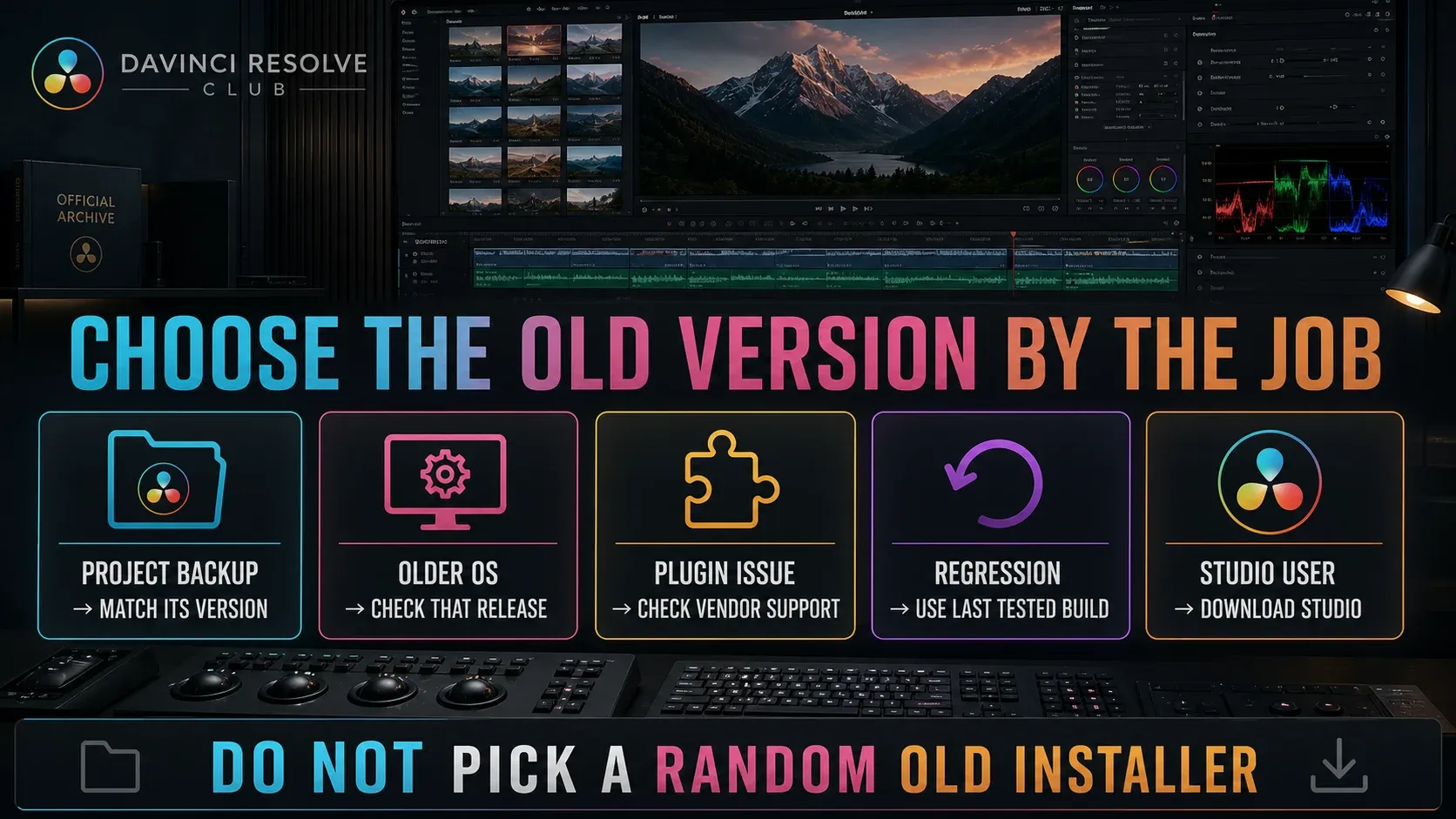 DaVinci Resolve old version selection by project backup operating system plugin regression and Studio edition