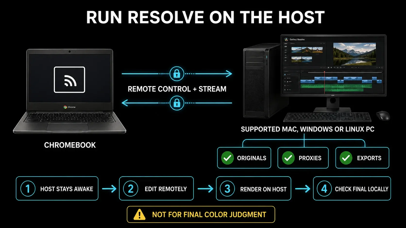 Chromebook remote DaVinci Resolve workflow with proxy media and a supported host computer