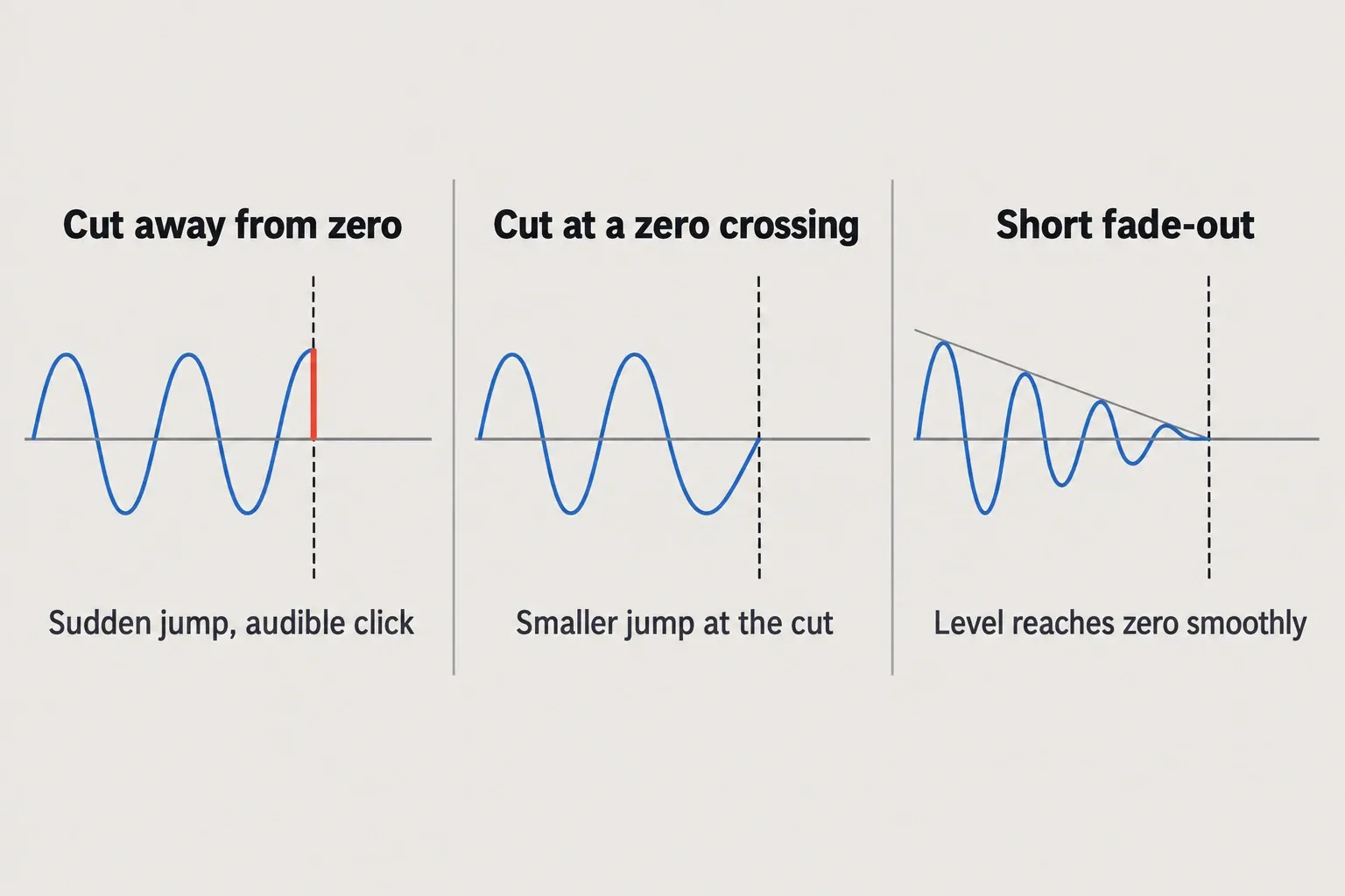 Three waveform diagrams: a cut at a peak drops straight to zero, a cut at a zero crossing, and a short fade-out that brings the level down before the cut
