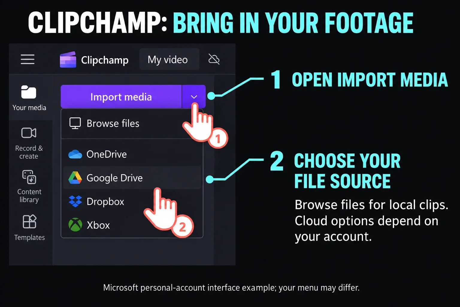 Clipchamp Import media menu with pointers to the button and local or cloud file sources