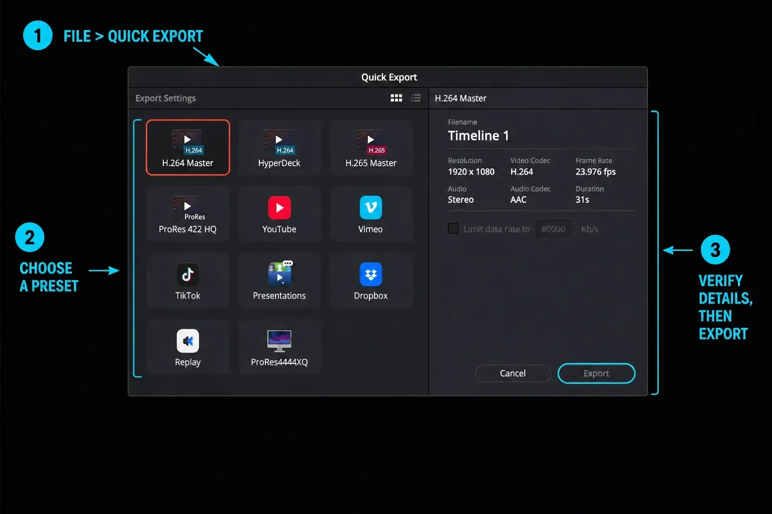 DaVinci Resolve 21 Quick Export window from preset selection to export