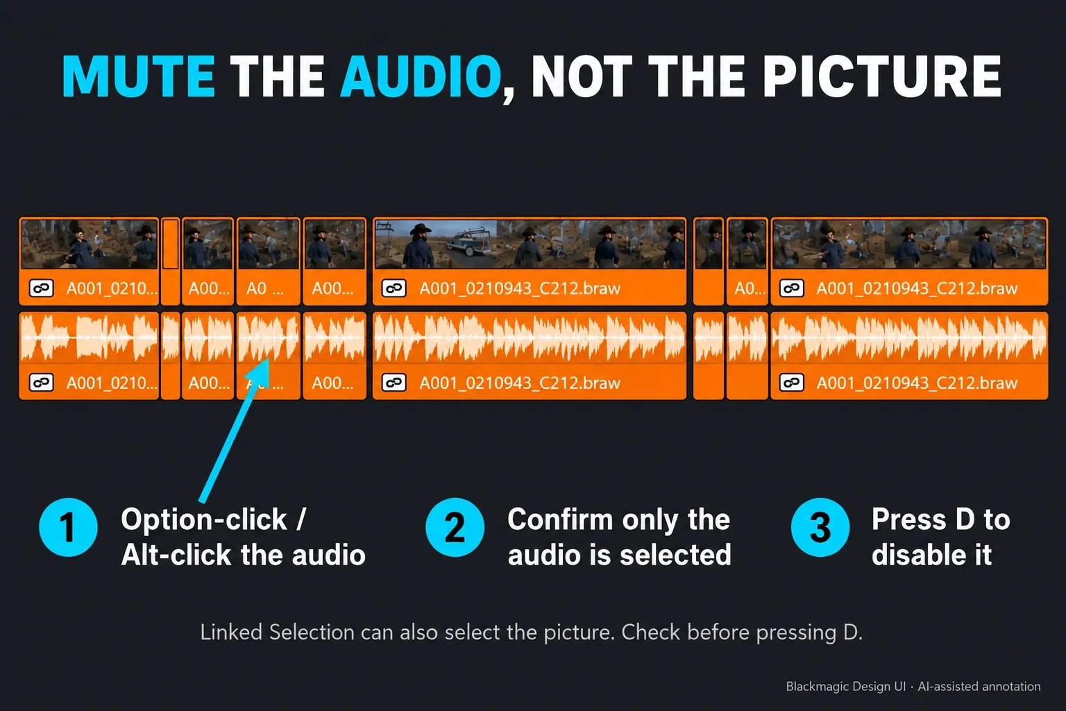 Selecting an audio waveform item independently of its linked video in Resolve