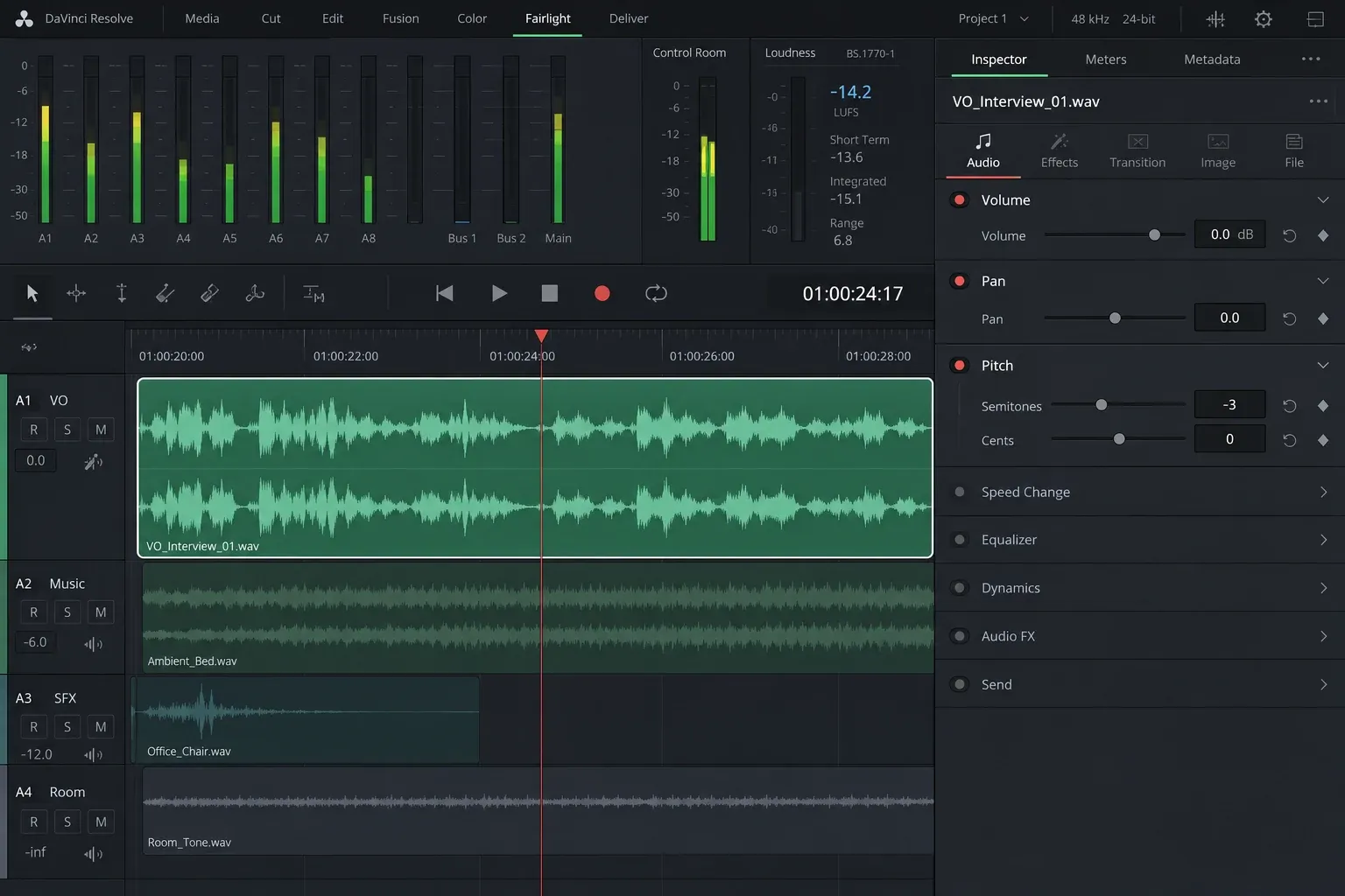 DaVinci Resolve Fairlight Audio Inspector with Pitch controls visible for a selected dialogue clip