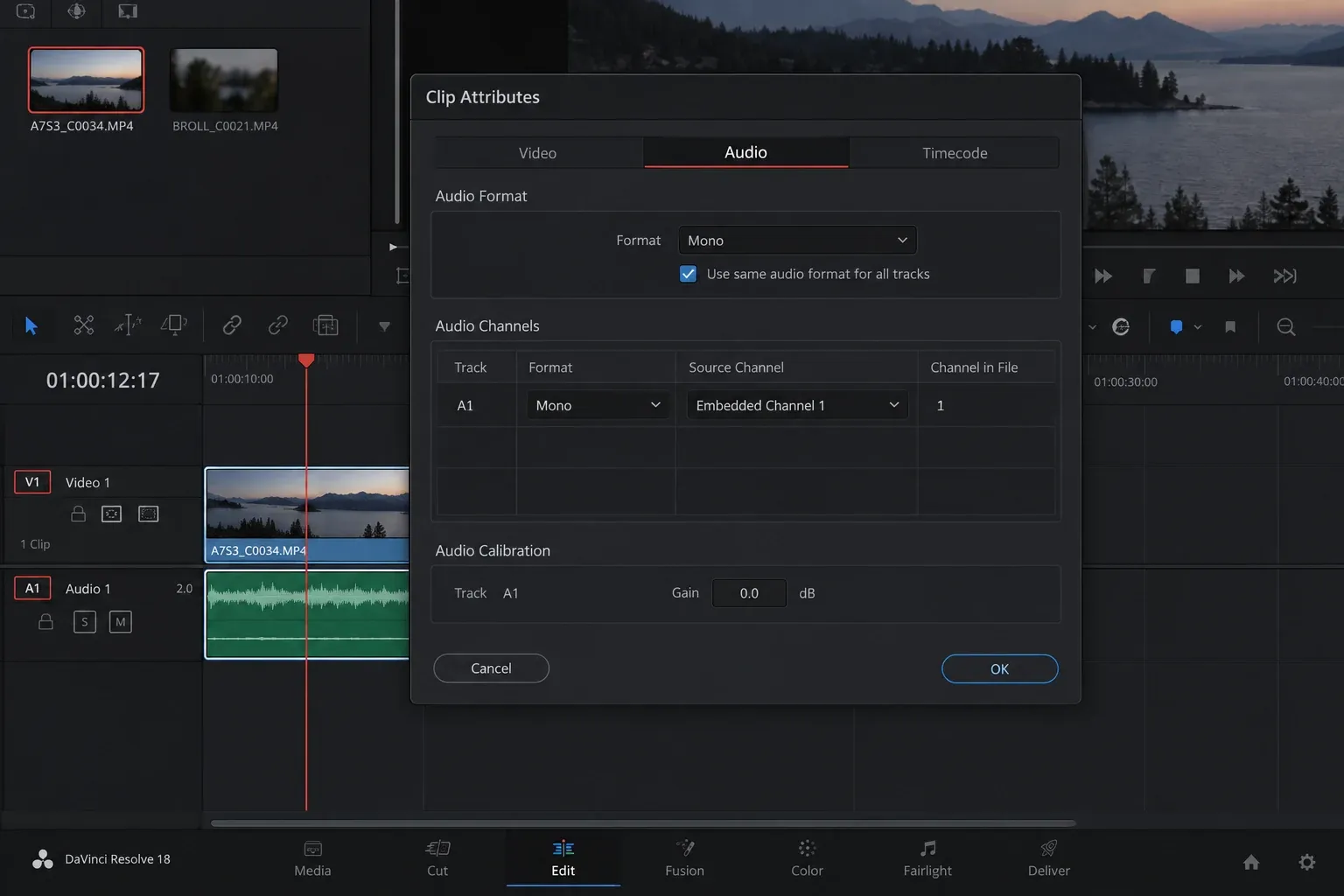 DaVinci Resolve Clip Attributes Audio tab with Format set to Mono and Source Channel set to Embedded Channel 1