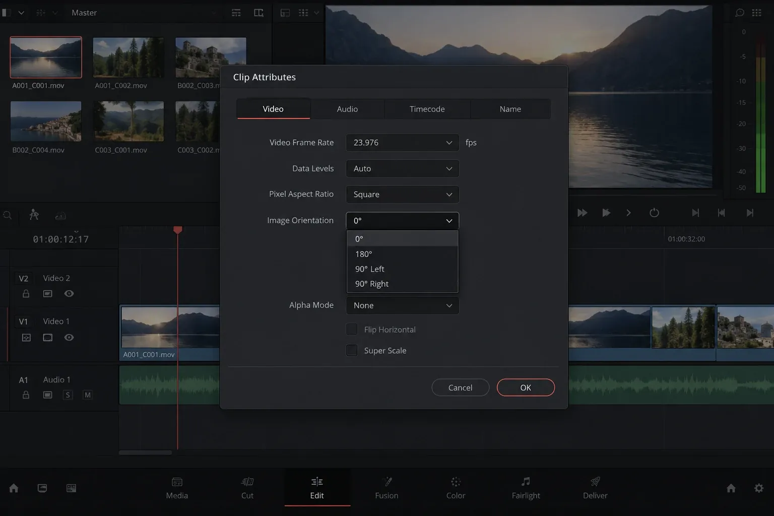 DaVinci Resolve Clip Attributes Video tab with Image Orientation choices for 90 degrees left, 90 degrees right and 180 degrees