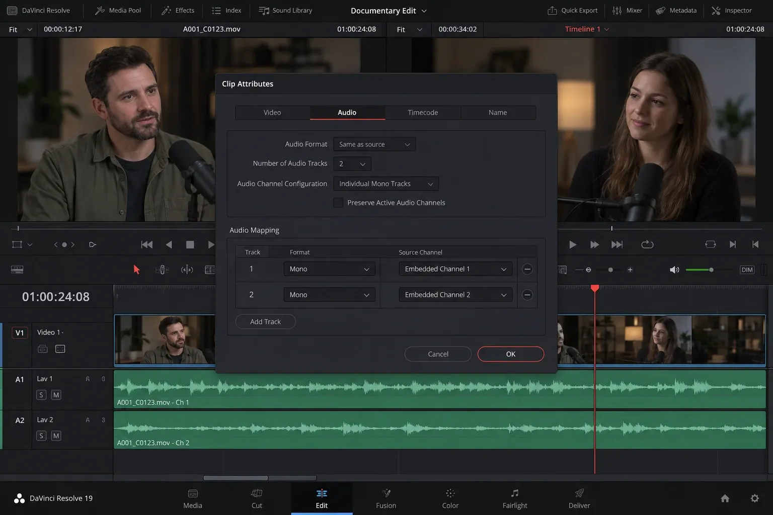 DaVinci Resolve Clip Attributes showing two mono tracks mapped separately to Embedded Channel 1 and Embedded Channel 2