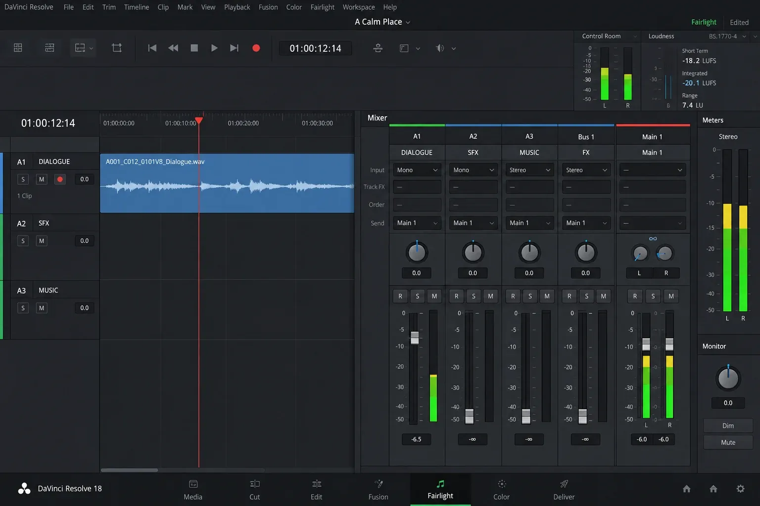 DaVinci Resolve Fairlight mixer with a centered mono dialogue track feeding both sides of a stereo bus meter