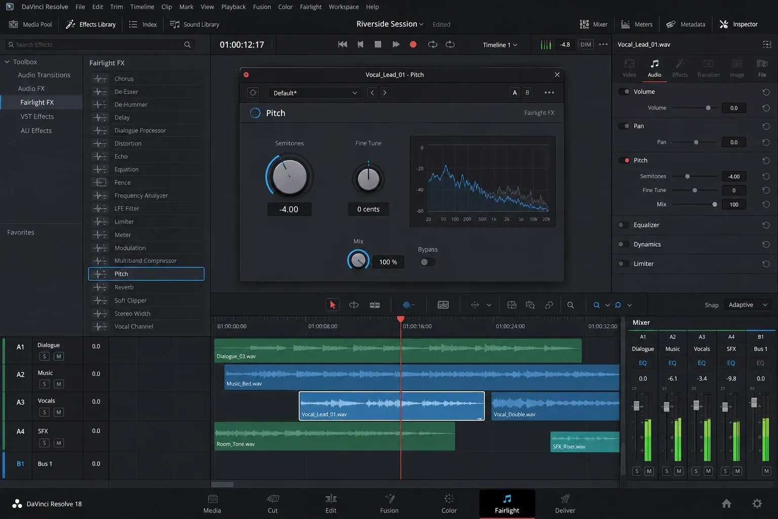 DaVinci Resolve Fairlight with Effects Library open and a Pitch effect window applied to one audio clip