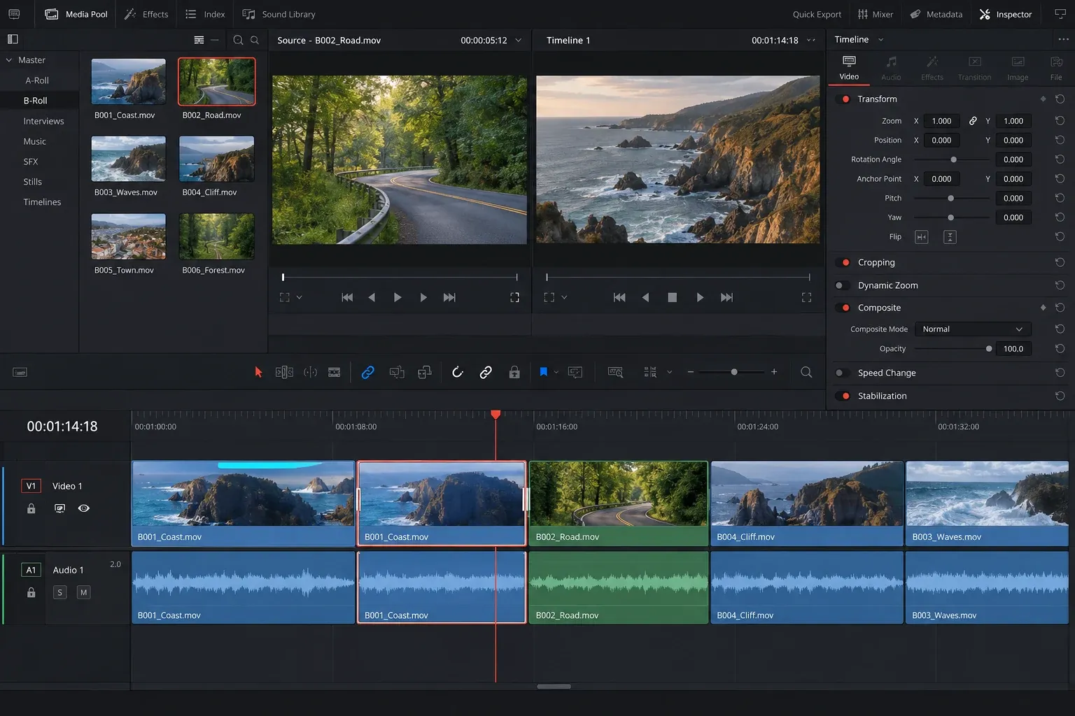 DaVinci Resolve timeline comparing an accidental duplicate range with a replacement shot of equal duration
