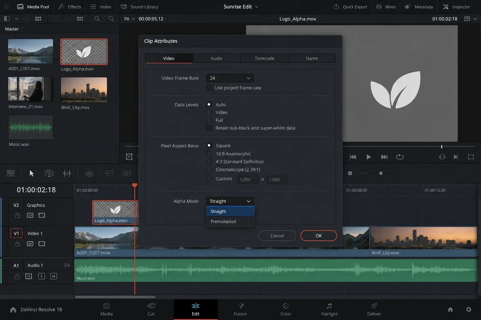 DaVinci Resolve Clip Attributes showing Straight and Premultiplied options in the Alpha Mode menu