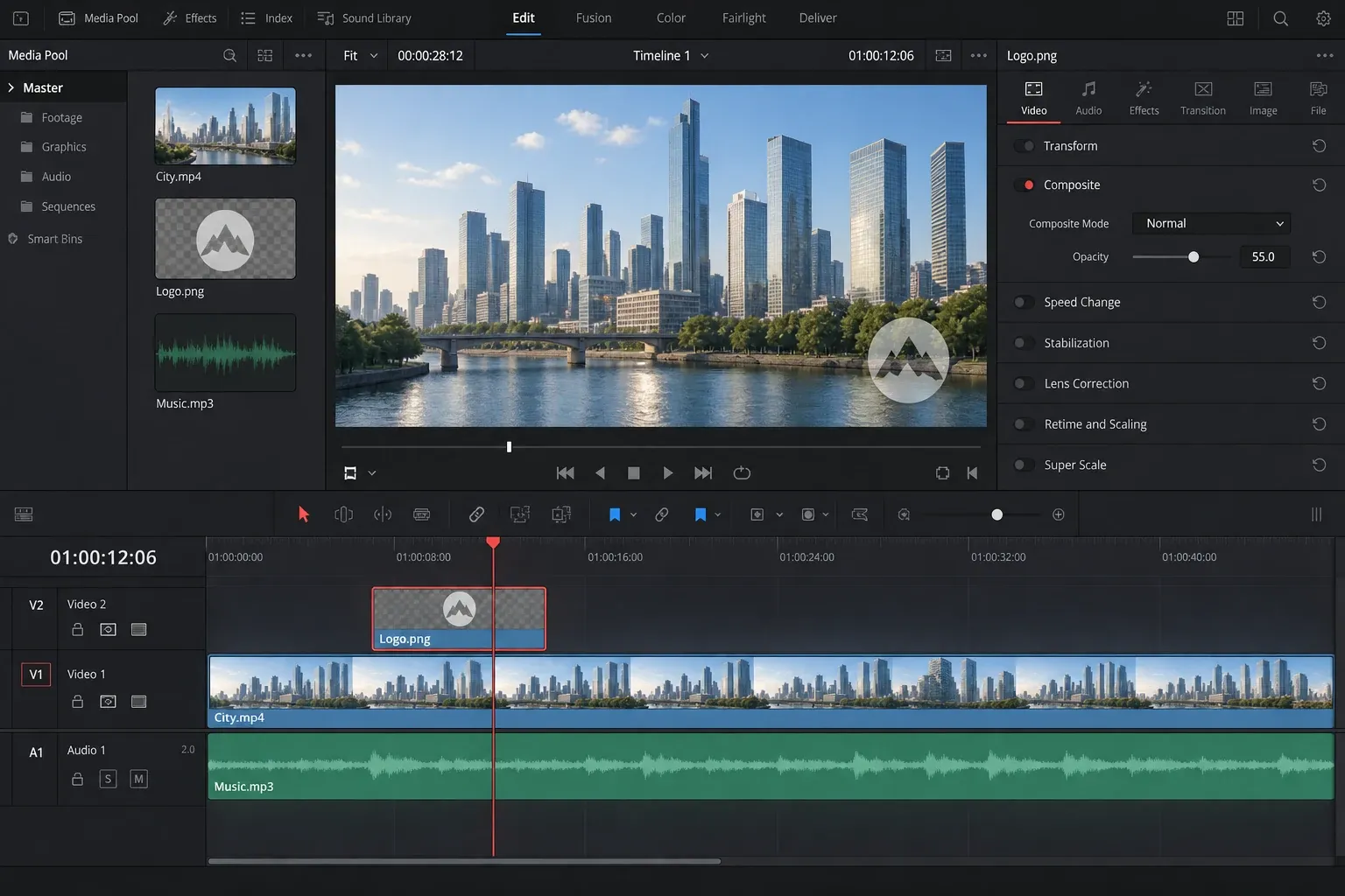 DaVinci Resolve interface showing a corner watermark and the Composite Opacity control in the Inspector