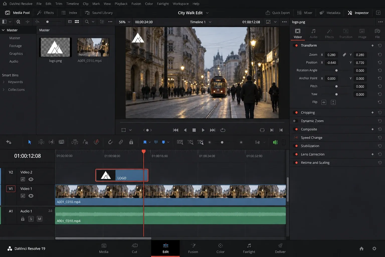 DaVinci Resolve Edit page with footage on V1, a logo on V2, and Transform controls open in the Inspector