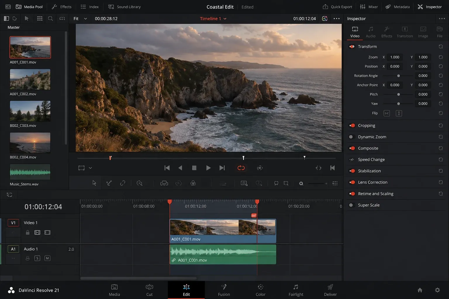 DaVinci Resolve Edit page with timeline In and Out points and the Loop playback control enabled