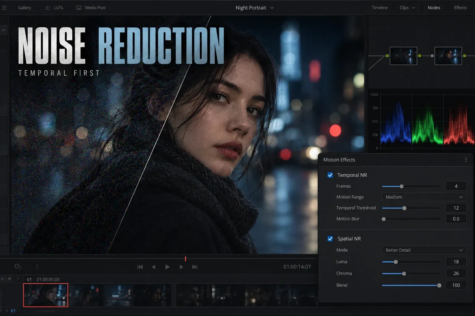 DaVinci Resolve interface comparing noisy and cleaned low-light footage with Temporal and Spatial NR controls