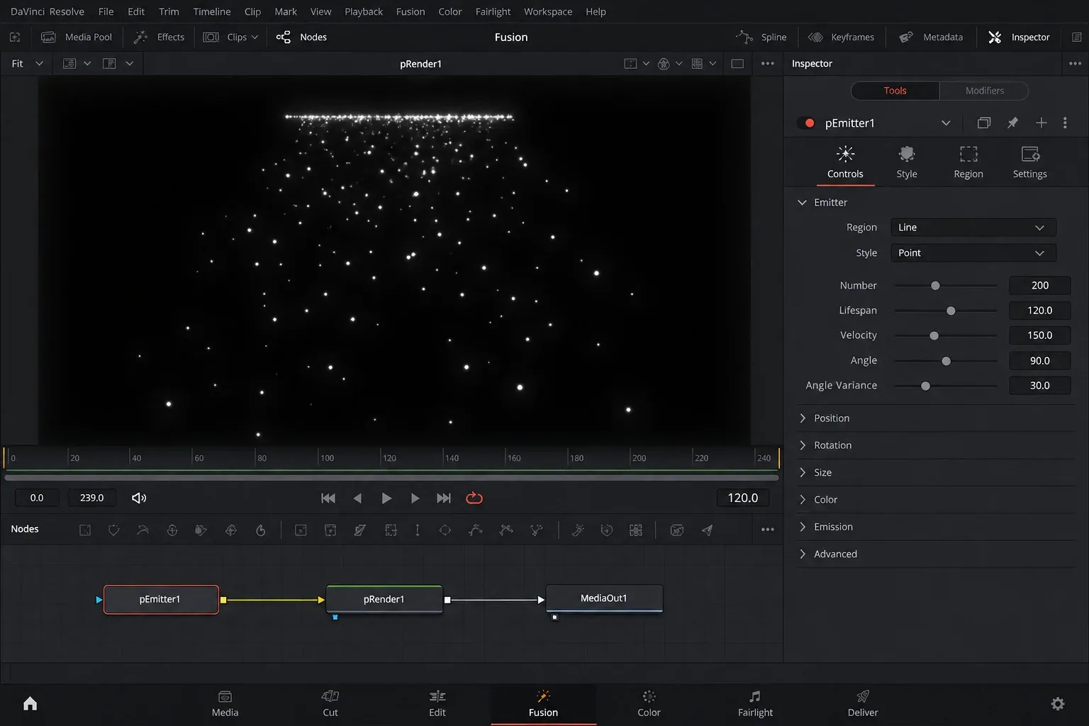 DaVinci Resolve Fusion with pEmitter selected and Region, Style, Number, Lifespan, Velocity and spread controls visible in the Inspector