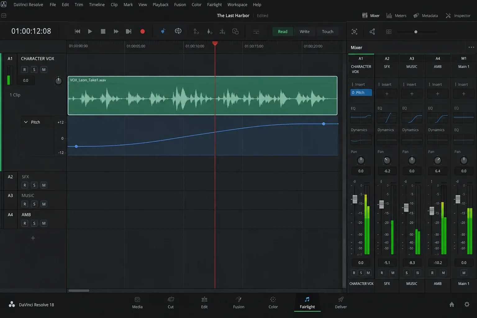 DaVinci Resolve Fairlight automation showing a pitch parameter curve changing across an audio clip