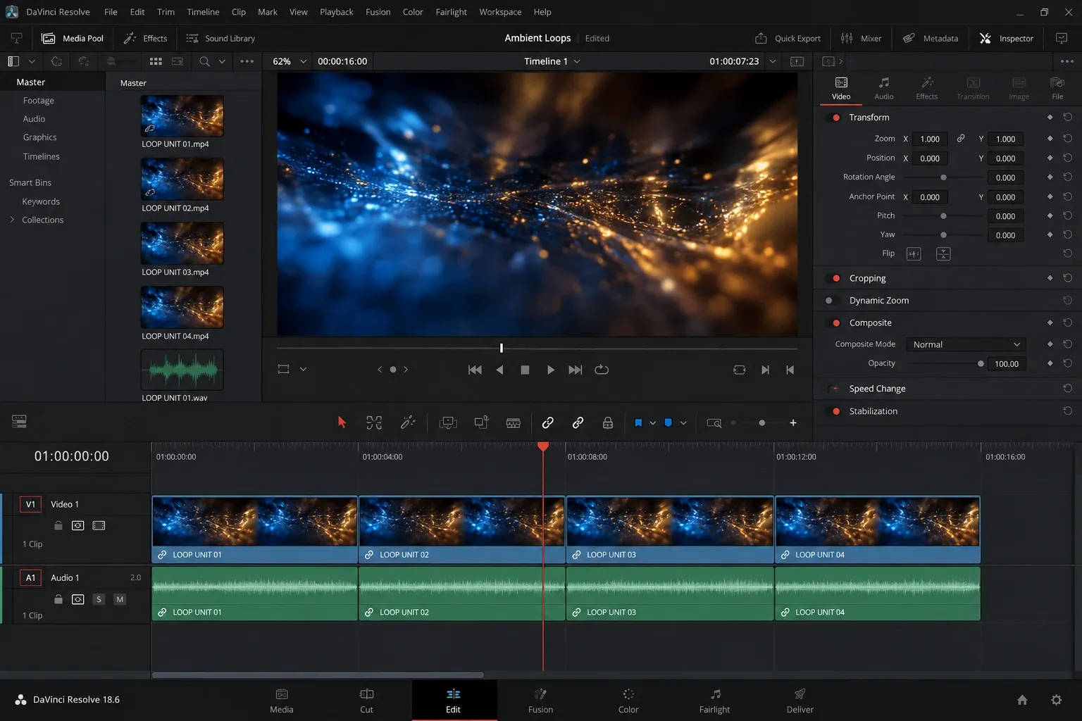 DaVinci Resolve timeline showing four identical loop units placed end to end without gaps
