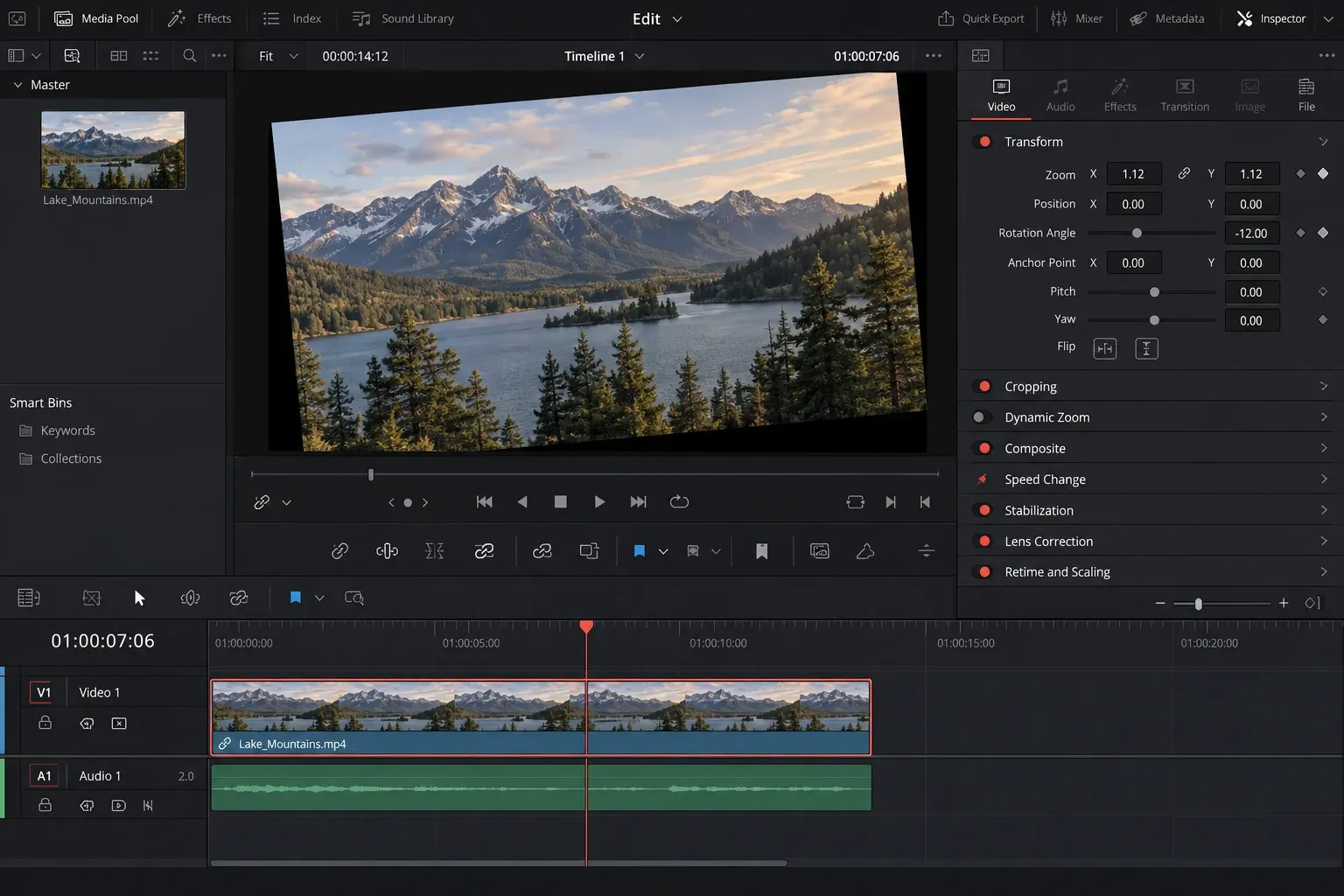 DaVinci Resolve Edit page with a rotated clip and Transform controls for Rotation Angle, Zoom and Position open in the Inspector