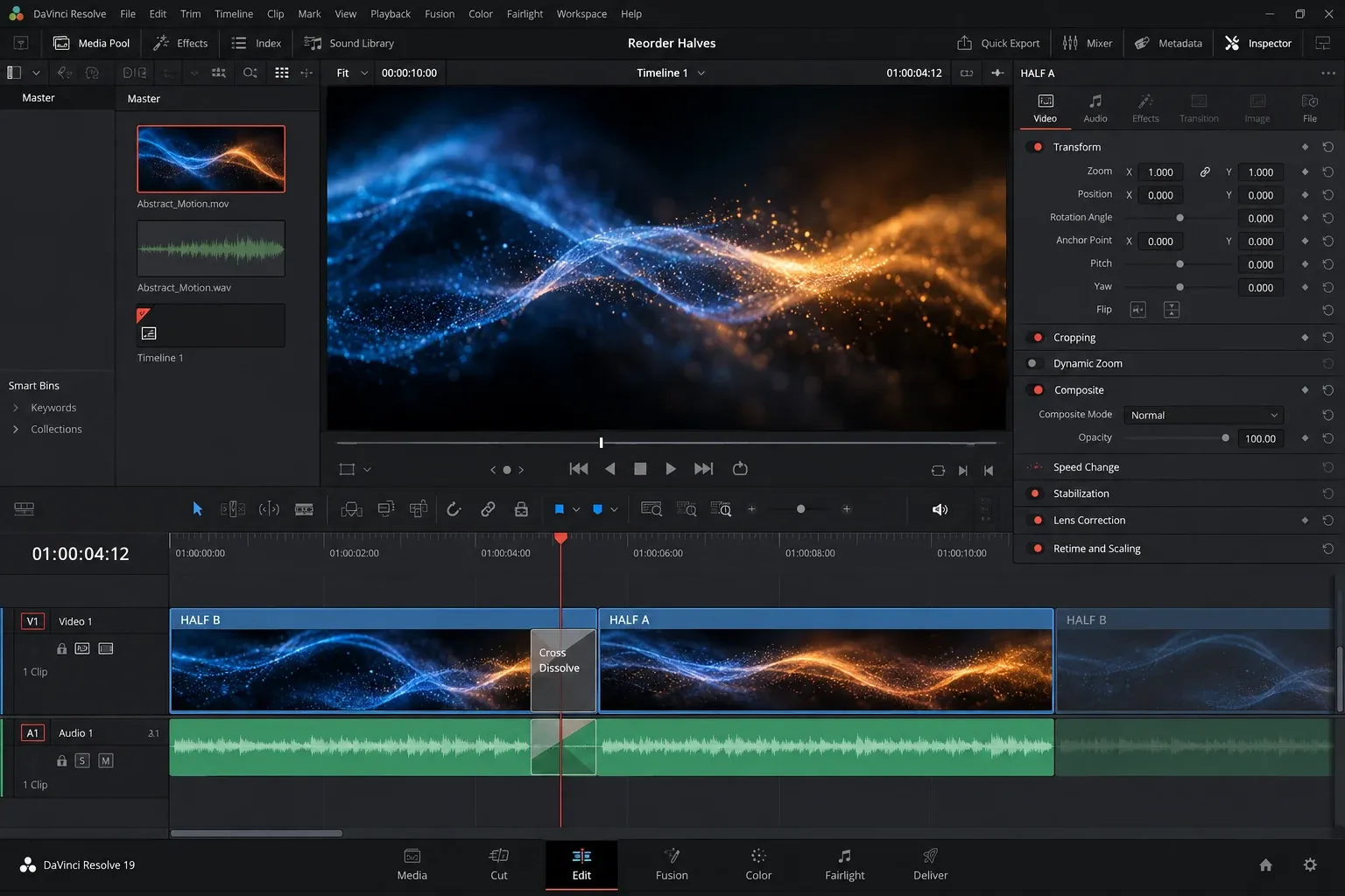 DaVinci Resolve timeline showing a clip split into B and A halves with a Cross Dissolve at the internal seam