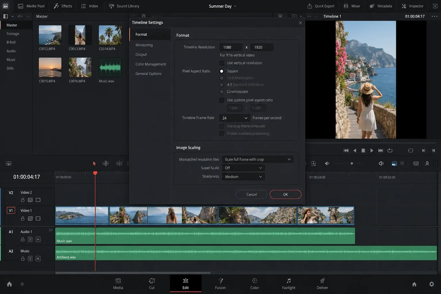 DaVinci Resolve timeline settings showing portrait resolution and image scaling beside an upright vertical clip