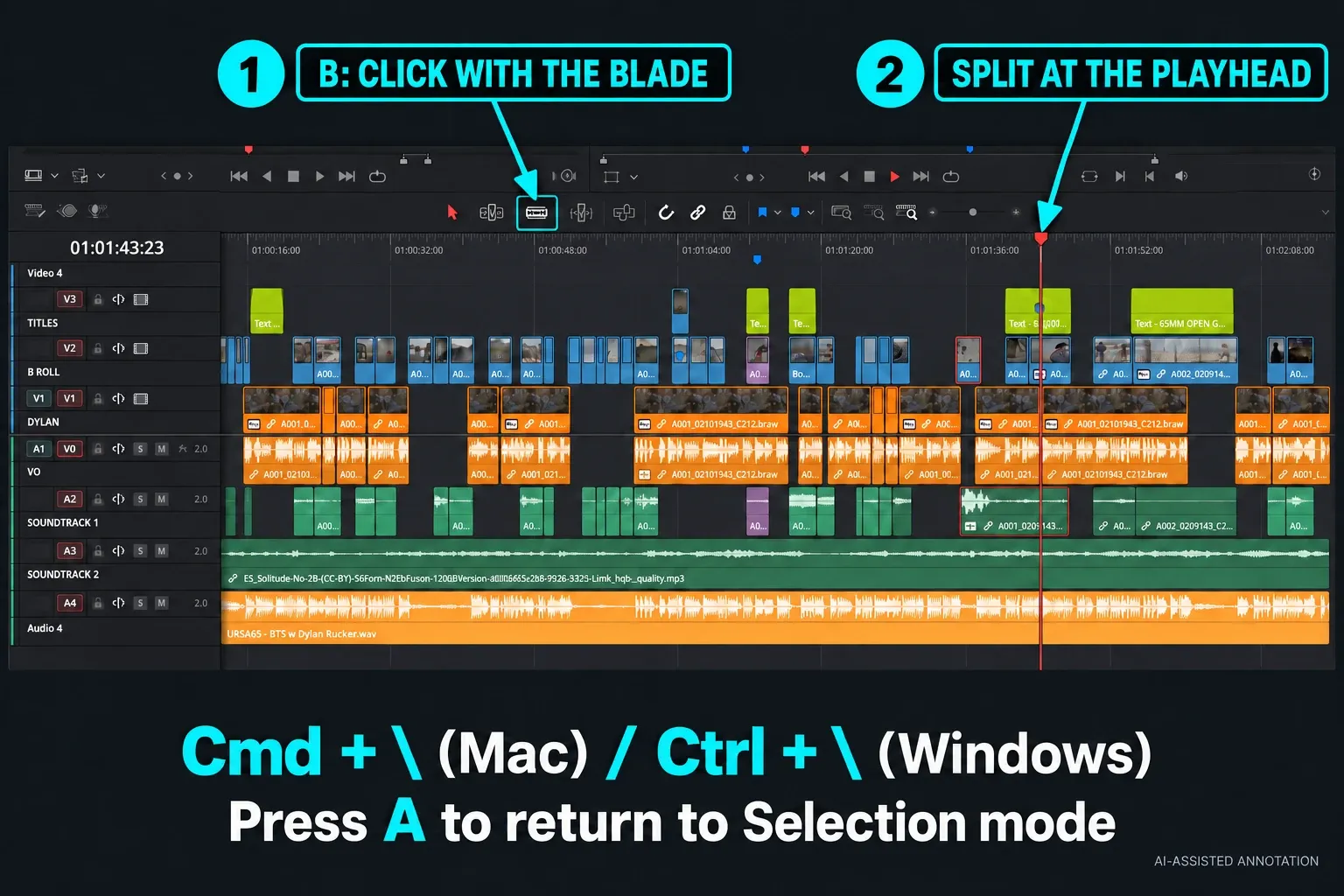 Edit timeline with Blade tool and the playhead marked for two cutting methods
