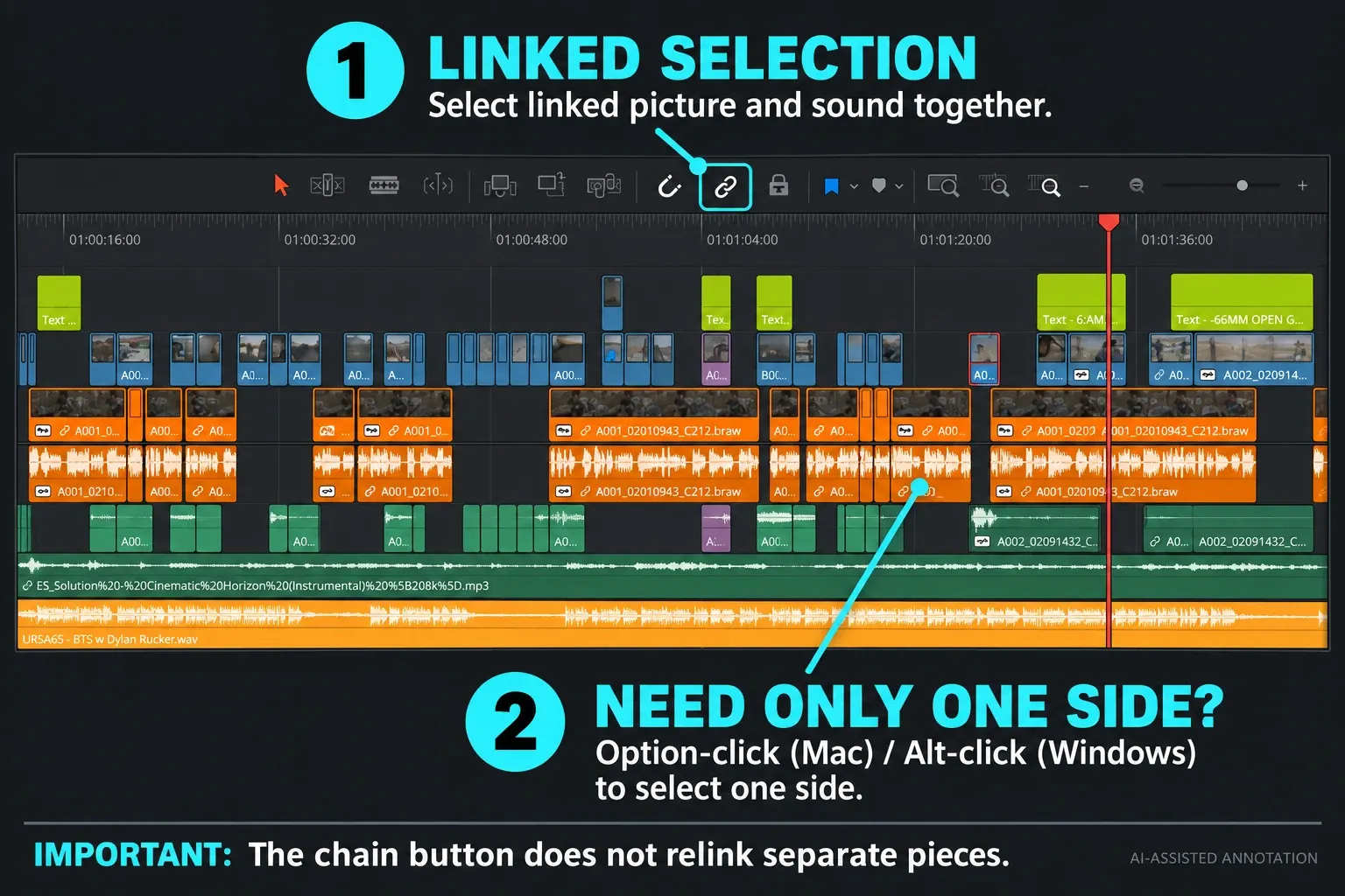 Linked Selection chain button identified above associated video and audio clips