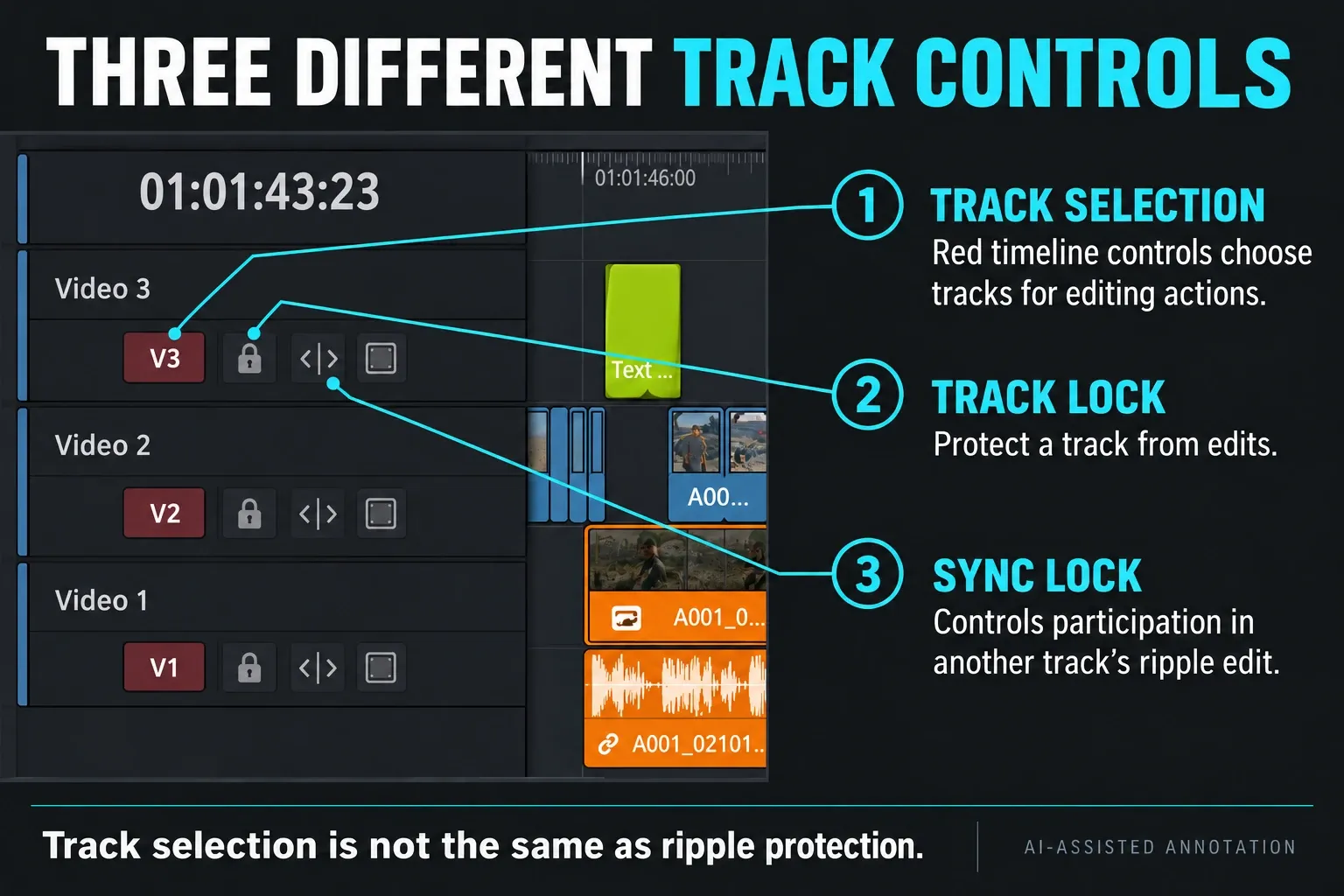 Red timeline track selector, ordinary track lock and Sync Lock identified in Resolve