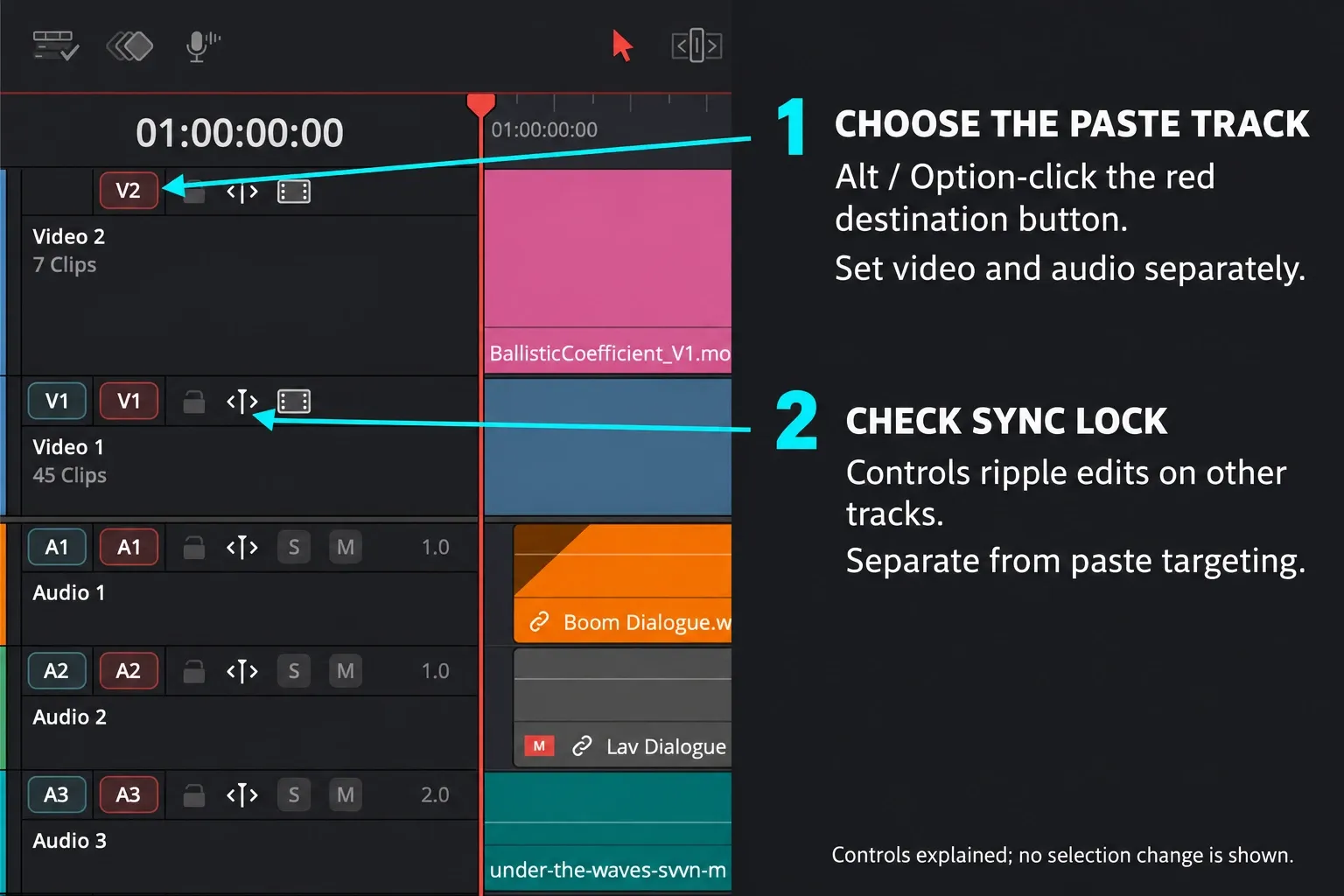 Red Destination Track Selector and separate Sync Lock controls in the Resolve timeline header